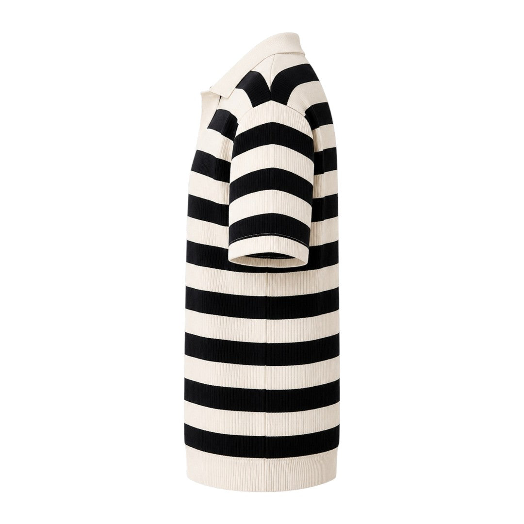 Seaport Island Fashion Men’s Black & Ivory Striped Open-Collar Knitted Polo T-Shirt