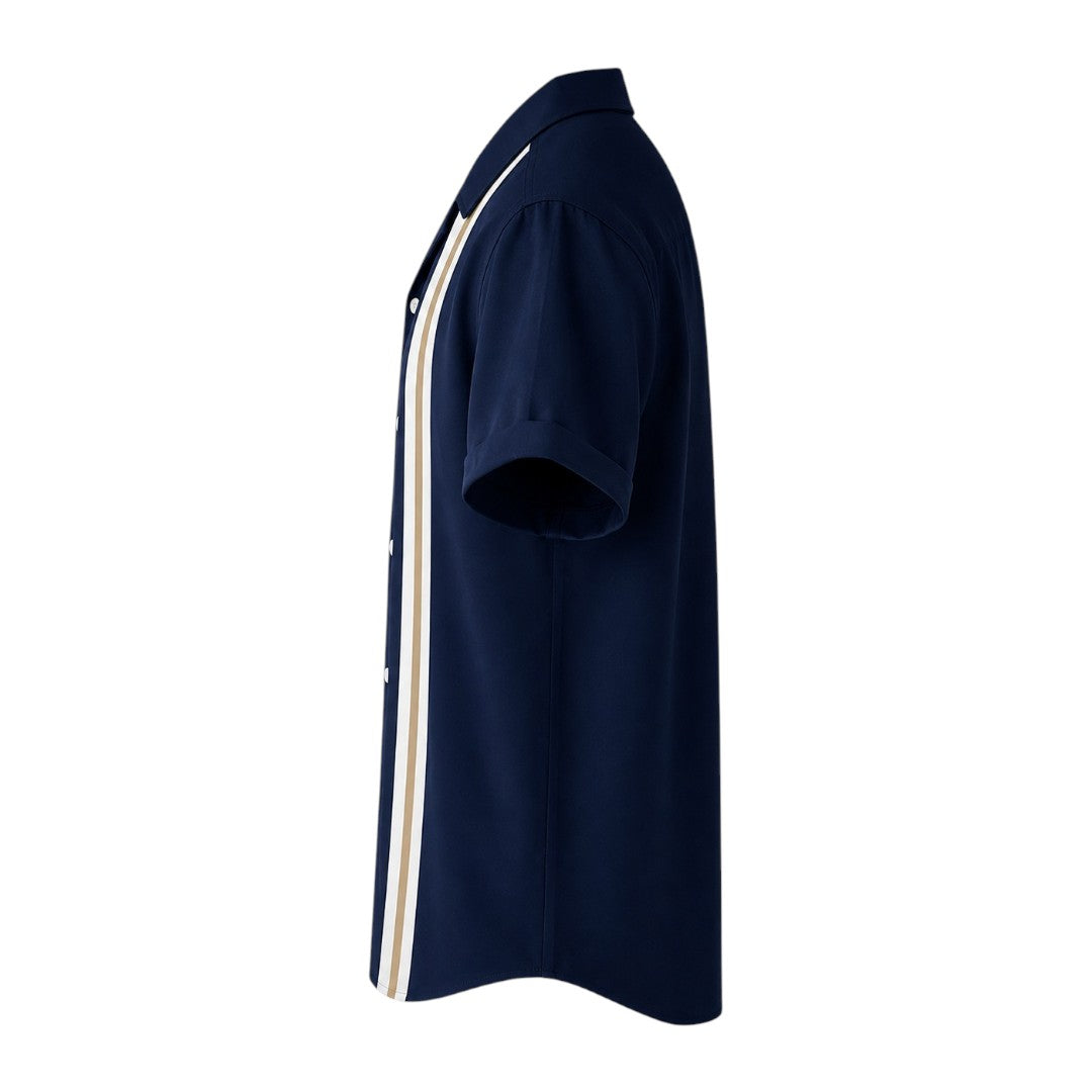 Seaport Island Fashion Men’s Navy, Ivory & Camel Vertical-Stripe Camp Collar Shirt