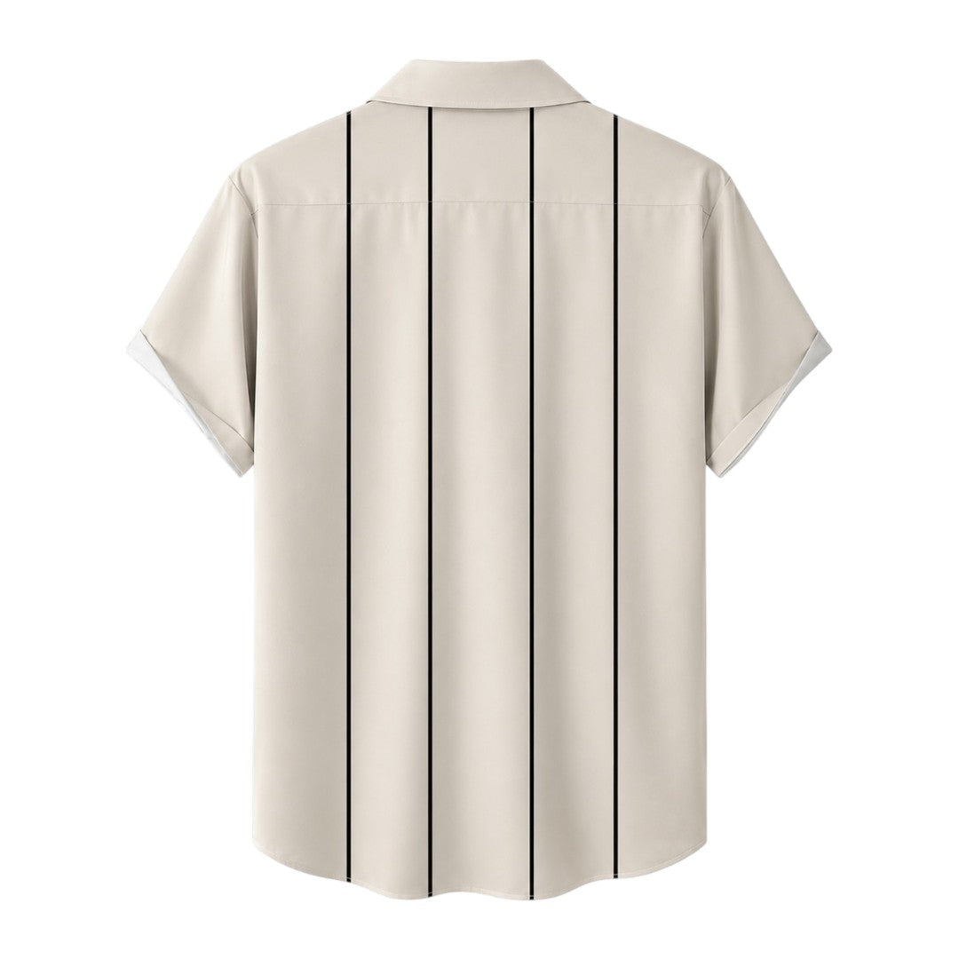 Seaport Island Fashion Men’s Beige & White Vertical Stripe Short Sleeve Casual Shirt