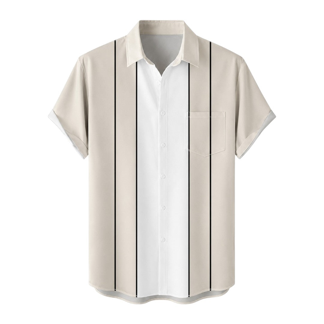 Seaport Island Fashion Men’s Beige & White Vertical Stripe Short Sleeve Casual Shirt