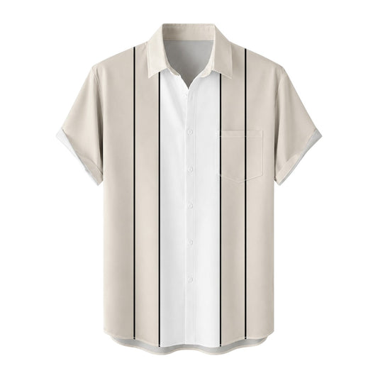 Seaport Island Fashion Men’s Beige & White Vertical Stripe Short Sleeve Casual Shirt