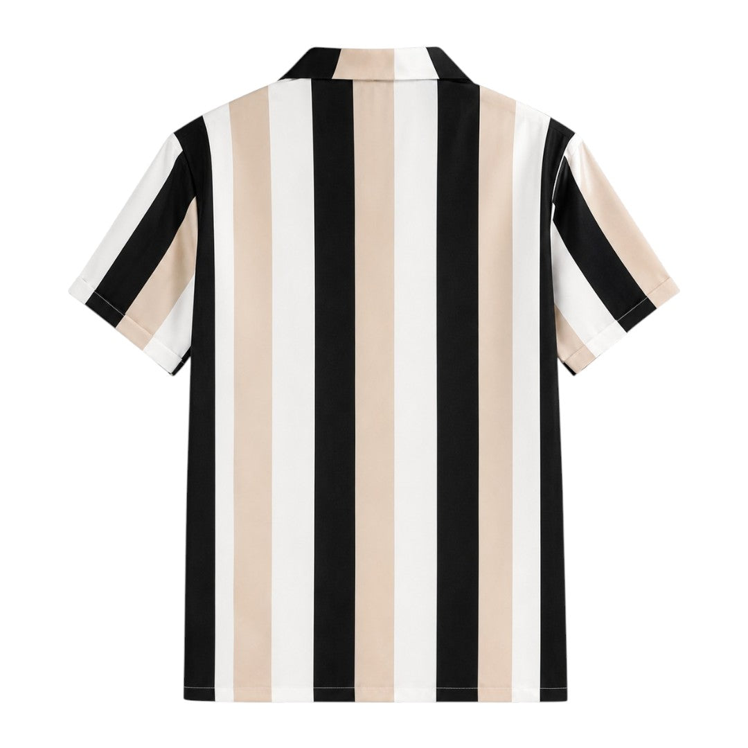 Seaport Island Fashion Men’s Black, Beige & White Vertical-Stripe Short-Sleeve Shirt