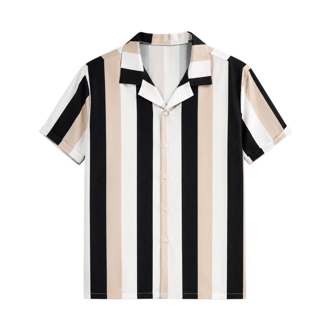 Seaport Island Fashion Men’s Black, Beige & White Vertical-Stripe Short-Sleeve Shirt