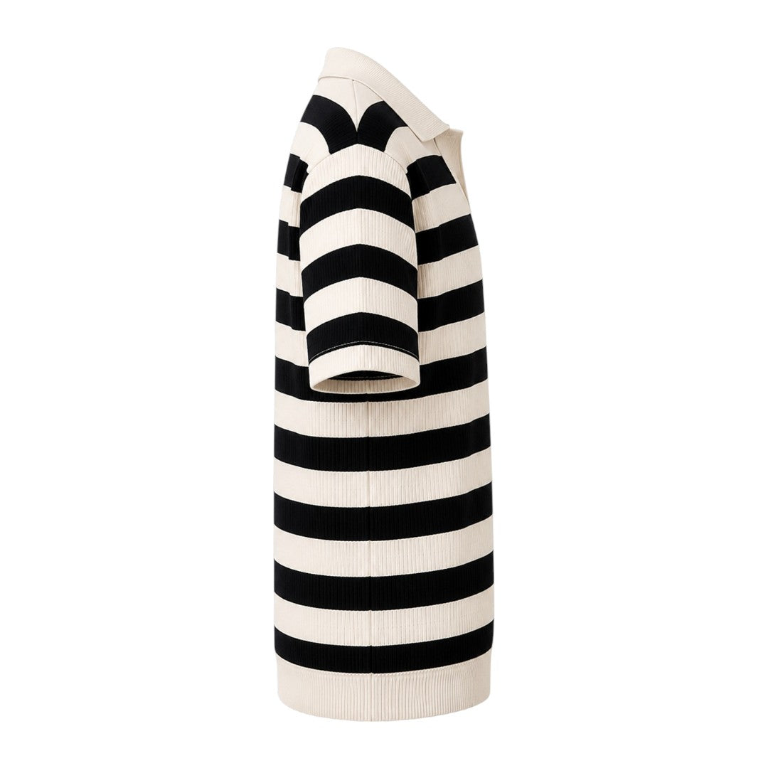Seaport Island Fashion Men’s Black & Ivory Striped Open-Collar Knitted Polo T-Shirt