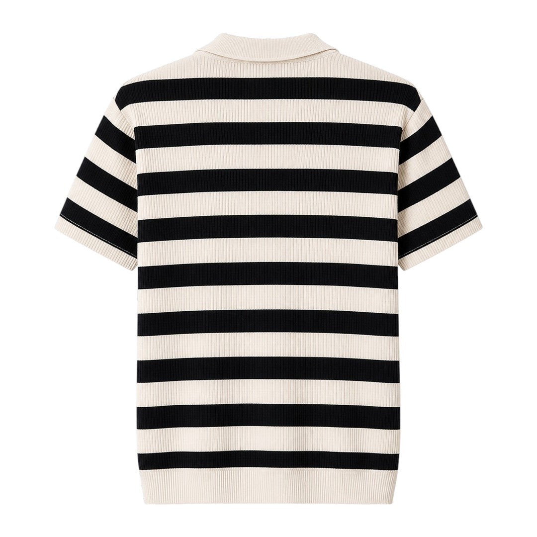 Seaport Island Fashion Men’s Black & Ivory Striped Open-Collar Knitted Polo T-Shirt