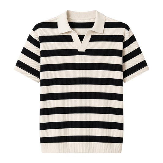 Seaport Island Fashion Men’s Black & Ivory Striped Open-Collar Knitted Polo T-Shirt