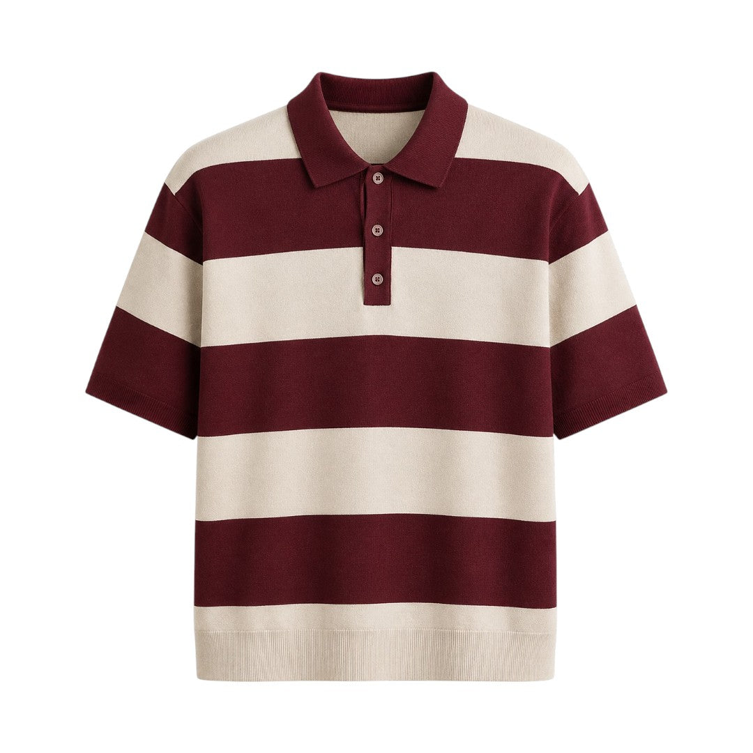Seaport Island Fashion Men’s Burgundy & Ivory Striped Knitted Polo Shirt