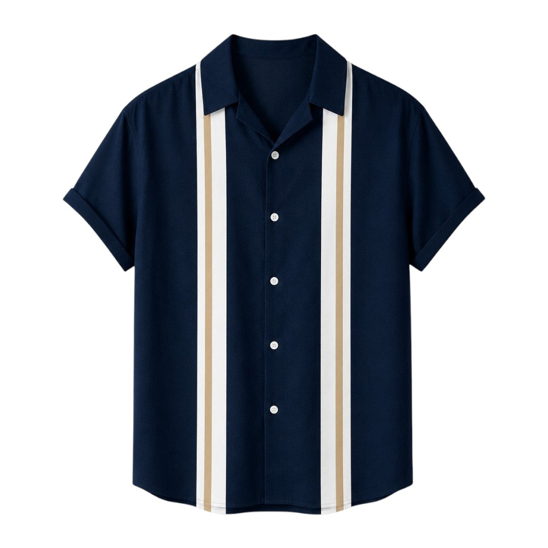 Seaport Island Fashion Men’s Navy, Ivory & Camel Vertical-Stripe Camp Collar Shirt