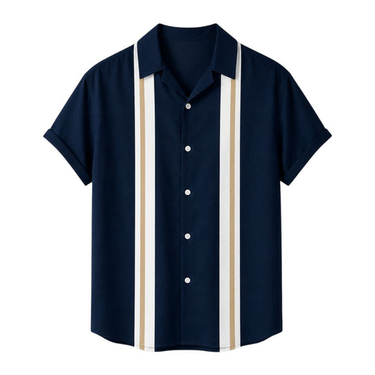 Seaport Island Fashion Men’s Navy, Ivory & Camel Vertical-Stripe Camp Collar Shirt