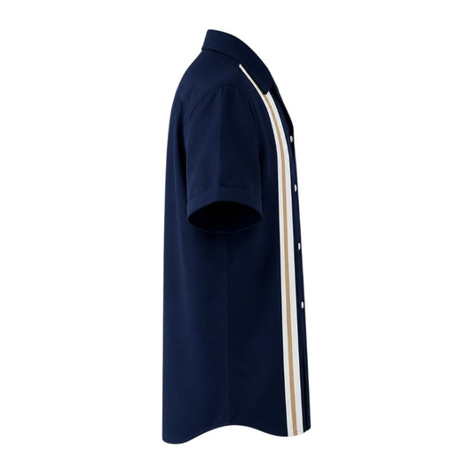 Seaport Island Fashion Men’s Navy, Ivory & Camel Vertical-Stripe Camp Collar Shirt