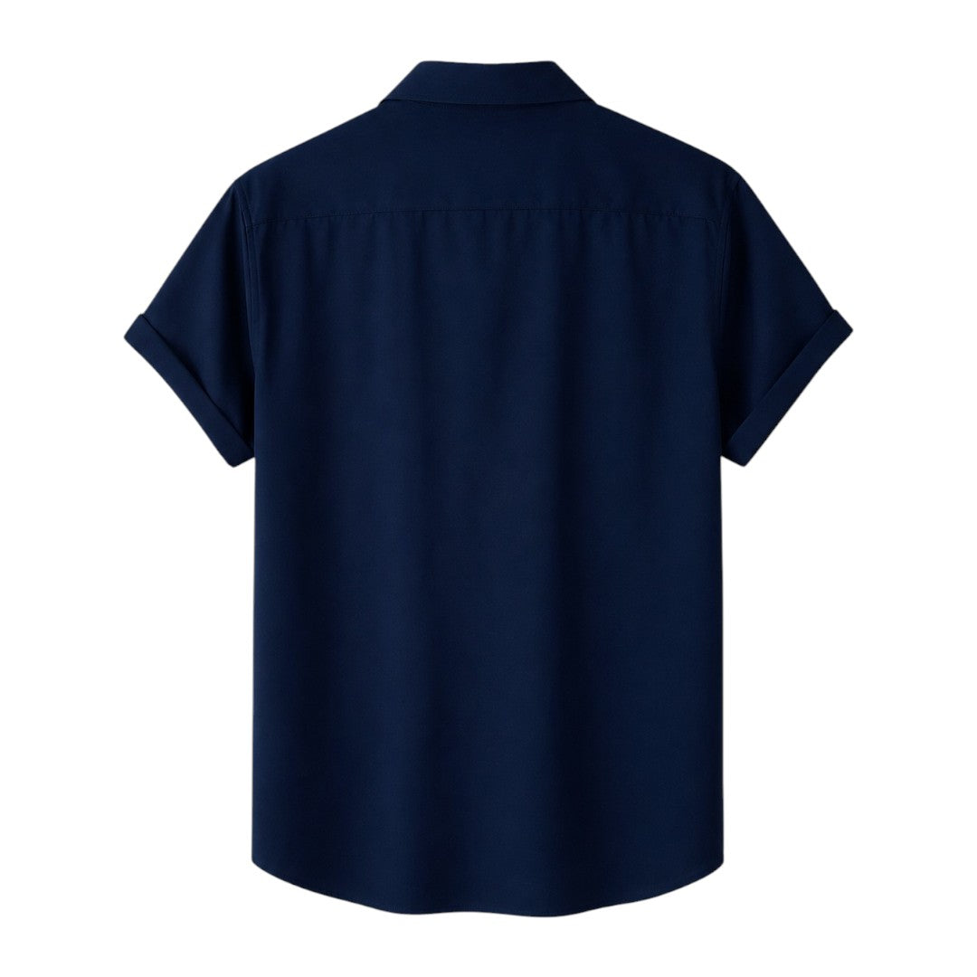 Seaport Island Fashion Men’s Navy, Ivory & Camel Vertical-Stripe Camp Collar Shirt