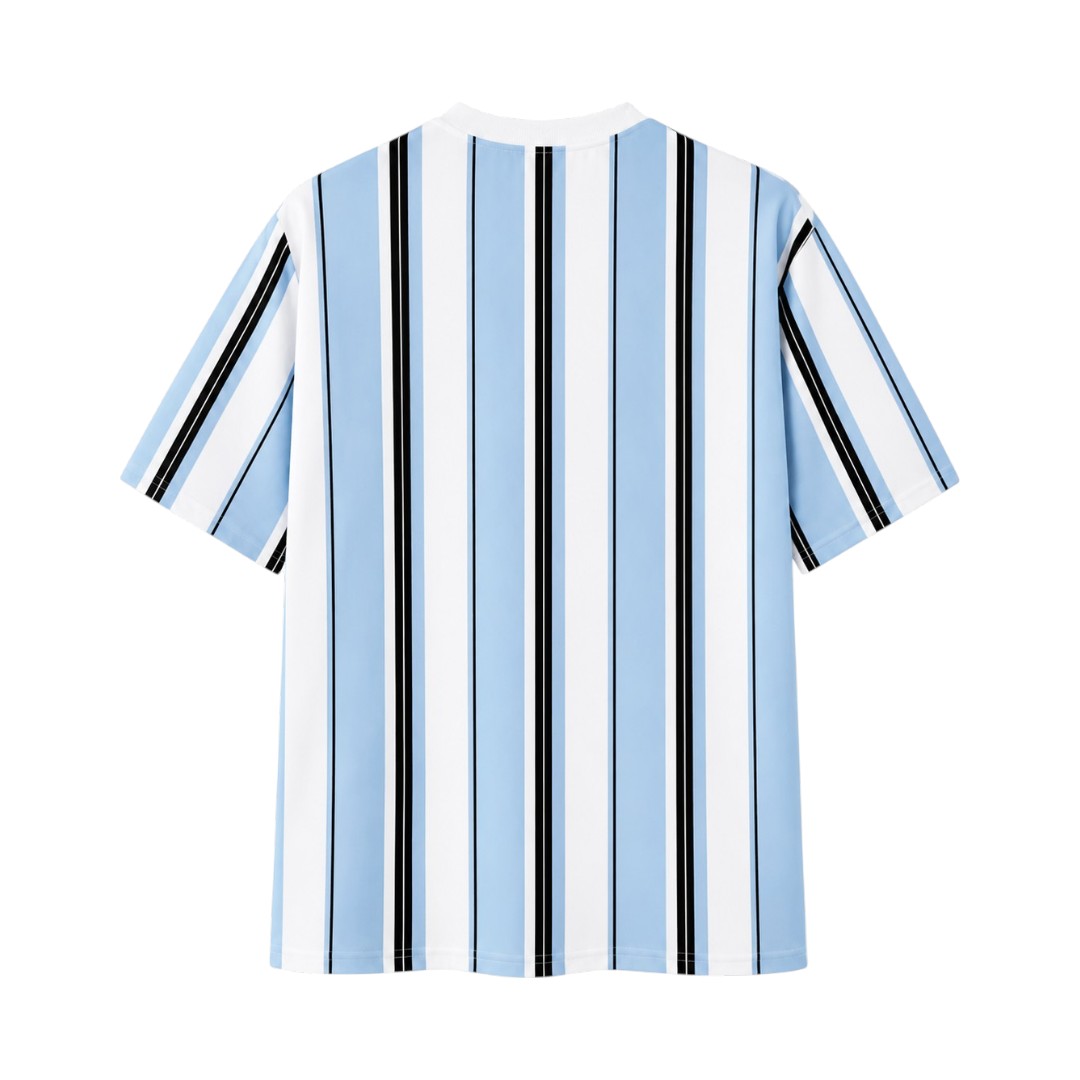 Seaport Island Fashion Men’s Sky Blue, White & Black Vertical-Stripe Crew Neck T-Shirt