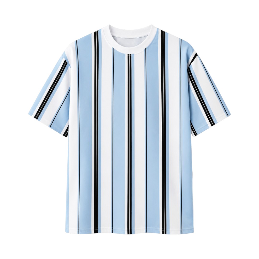Seaport Island Fashion Men’s Sky Blue, White & Black Vertical-Stripe Crew Neck T-Shirt
