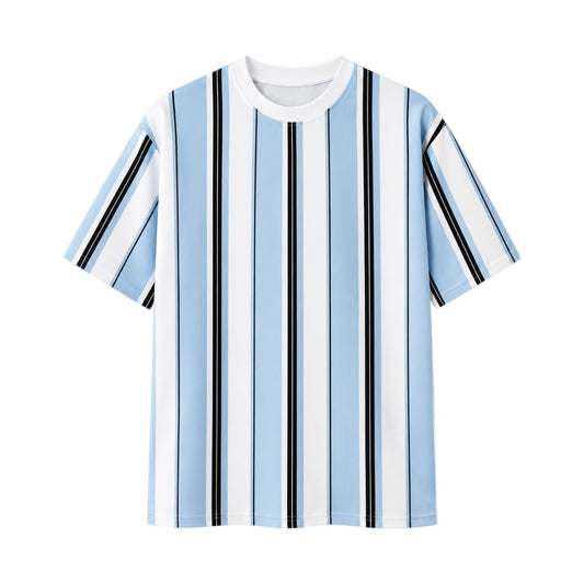 Seaport Island Fashion Men’s Sky Blue, White & Black Vertical-Stripe Crew Neck T-Shirt